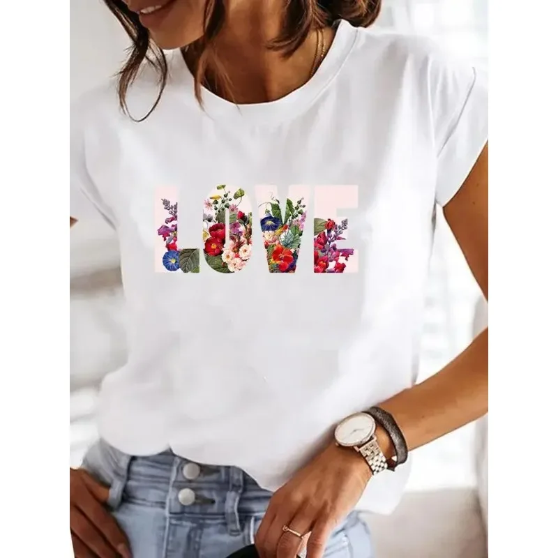 Love Heart Watercolor Sweet Print Summer T Clothing T-shirts Short Sleeve Casual Ladies Fashion Female Graphic Tee Women